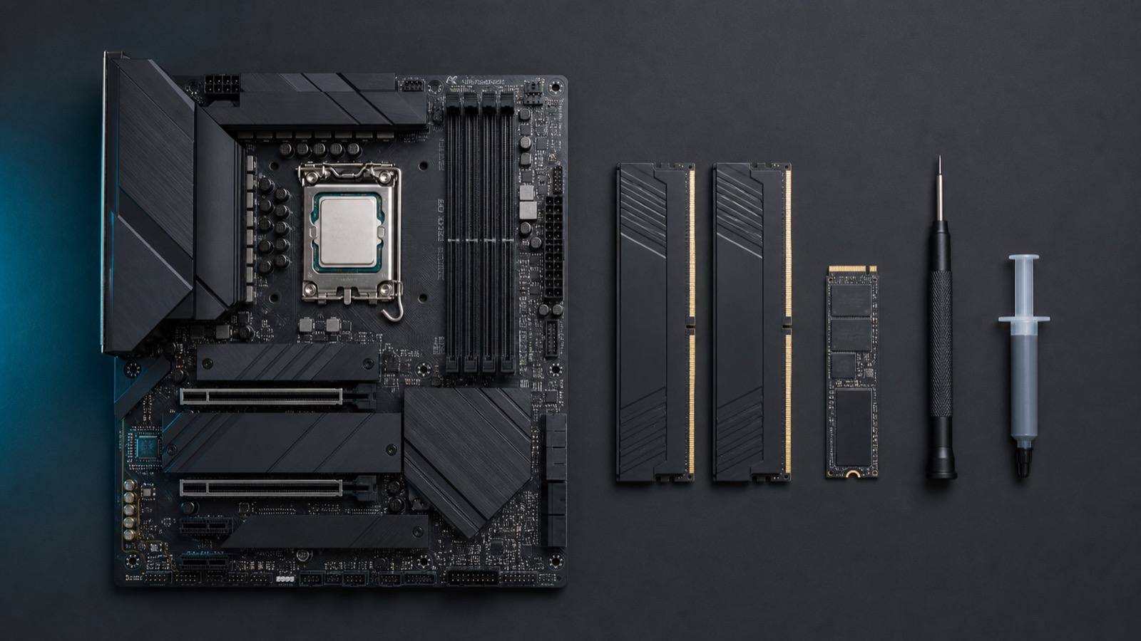 PC components arranged on a dark desk ready for assembly