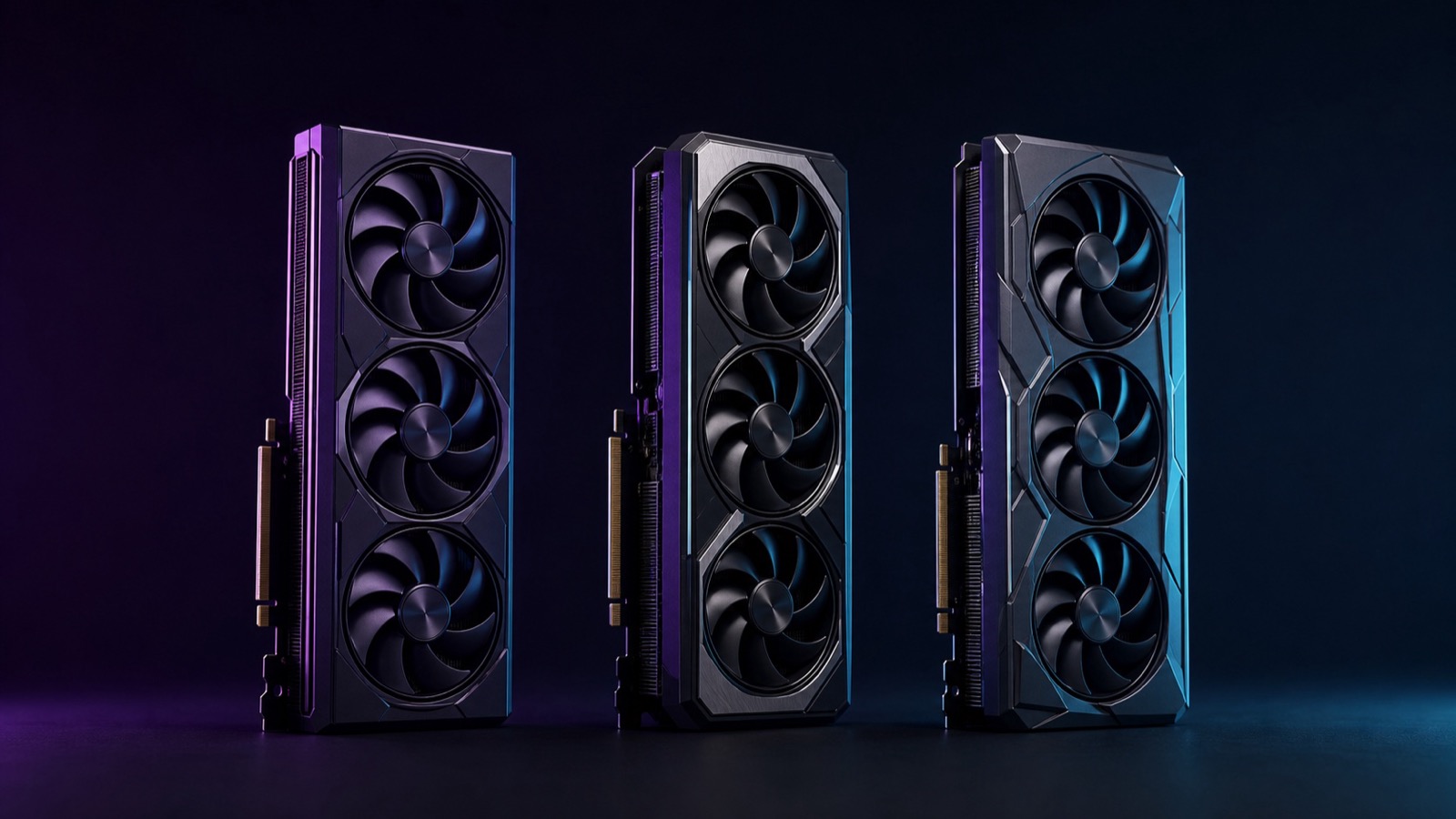 Three modern graphics cards lined up in a dark studio