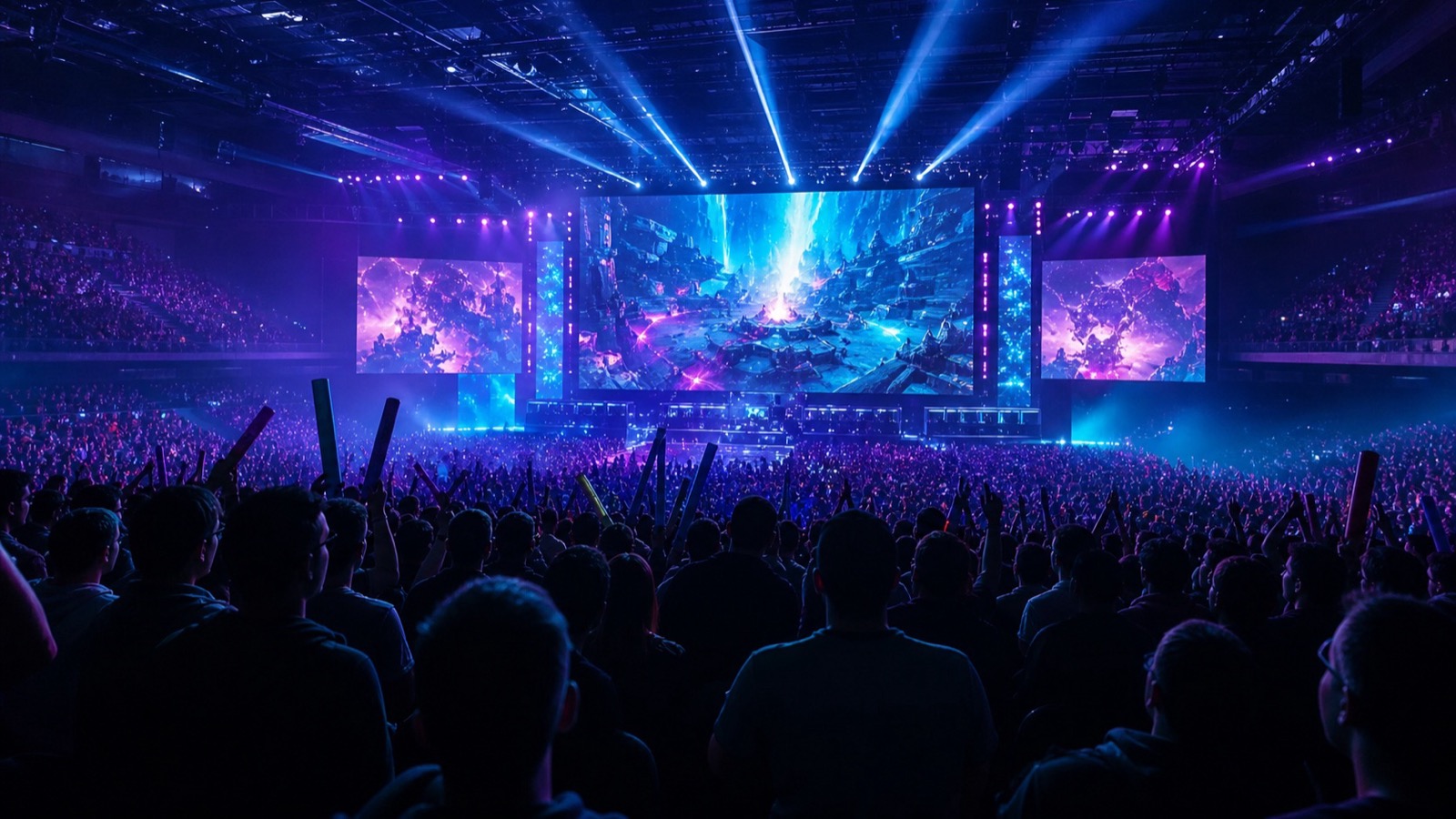 An esports arena crowd lit by purple and cyan stage lights