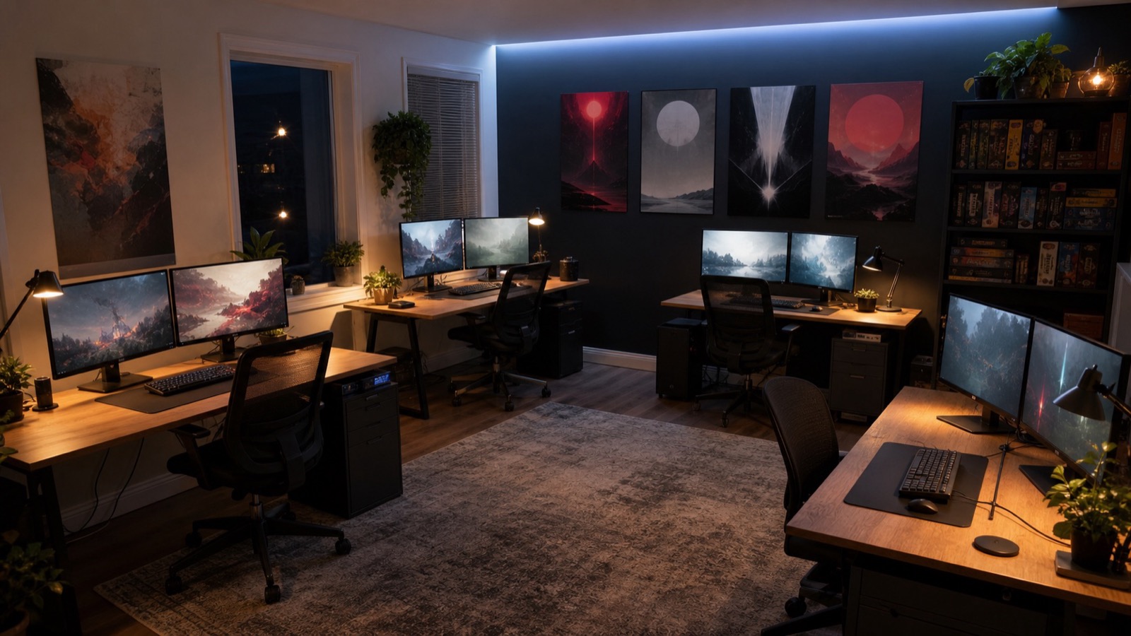 The Invincible You studio: desks with dual monitors, posters and a bookshelf
