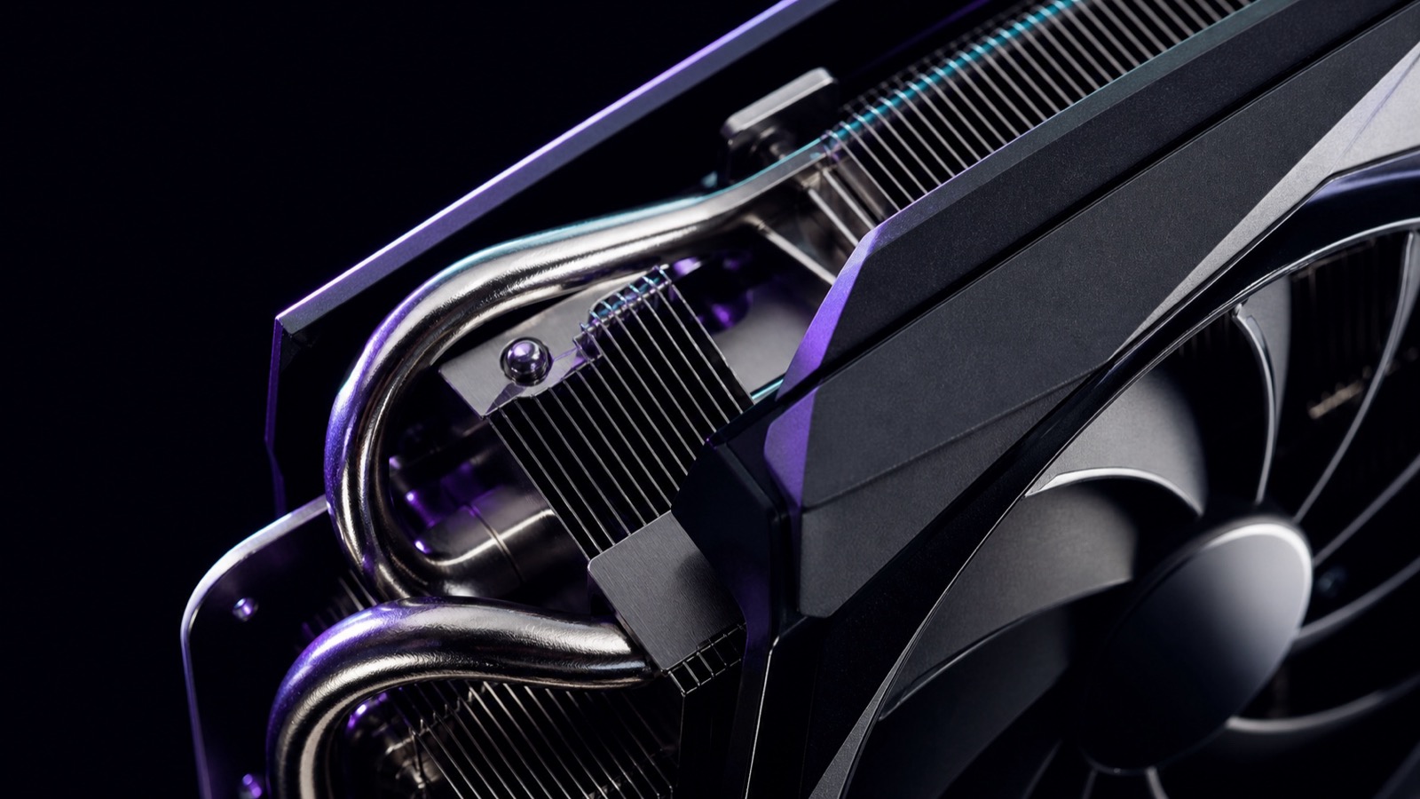 Close-up of a graphics card cooler with subtle LED lighting